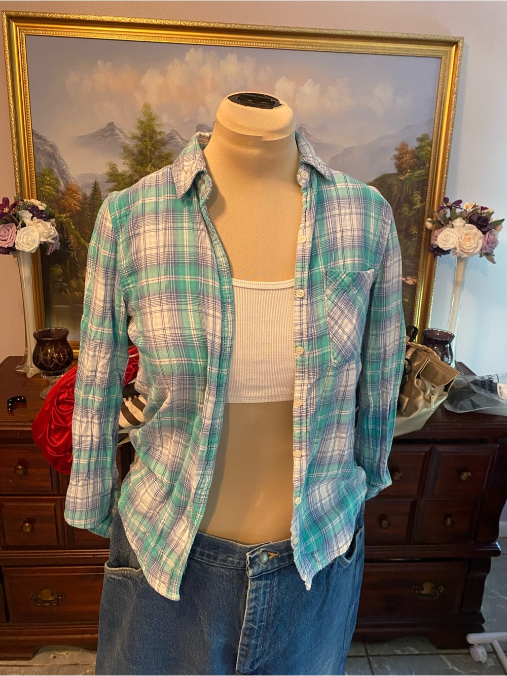Aeropostale Teal and Blue Plaid Button-Down Shirt